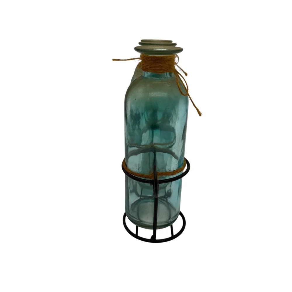 Unbranded Blue Glass Bottle Set 3 Piece with Metal‎ Rack Farmhouse Decor
